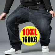 Mens 10XL oversized denim jeans, high-waist loose fit in dark blue wash with 160KG label