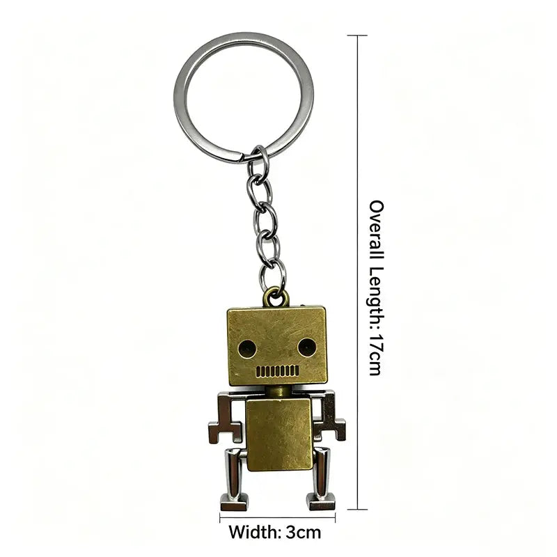 Simples Market retro movable robot keychain; gold metal square head, articulated limbs, silver chain, 17cm long