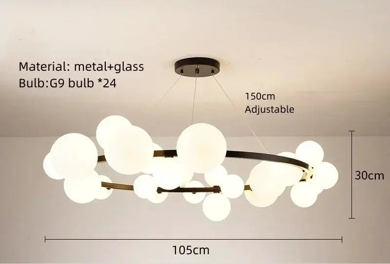 Simple metal and glass chandelier with white glass globes, pendant ceiling light, 105cm wide, 30cm tall, 150cm adjustable cord