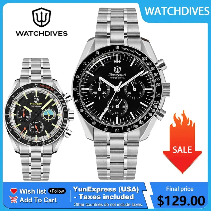 Watchdives WD1863 stainless steel chronograph watches, two with black dials, sapphire crystal, luminous hands