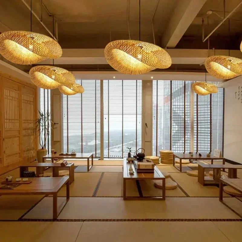 Bamboo-weaving LED pendant light by Simples Market, handmade vintage hanging chandelier for dining and living rooms (five pendants)