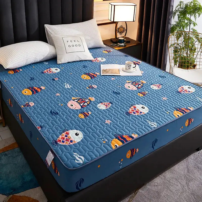 Simples Market blue waterproof quilted mattress cover with fish print; fits 150/160/180x200