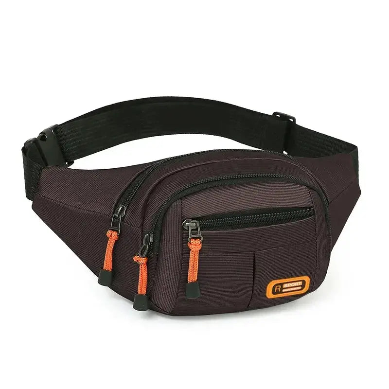 Oxford waterproof waist bag in brown with orange zipper pulls, multiple pockets, and a black adjustable strap.