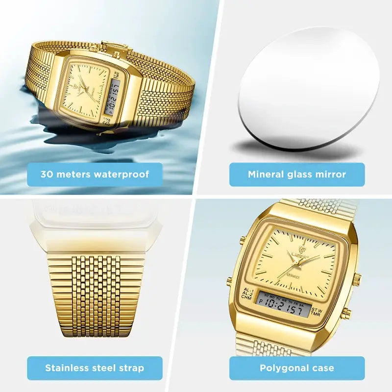 Gold men's wristwatch with stainless steel strap and polygonal case, dual time display, 30m water resistant