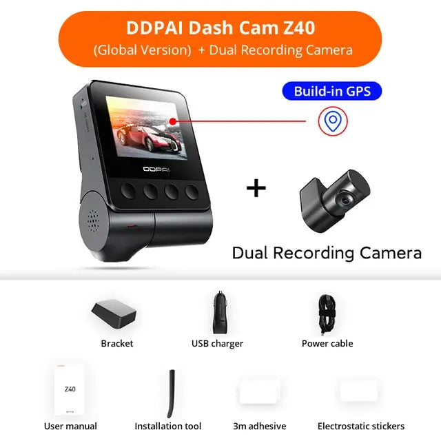 DDPAI Z40 dash cam with dual recording camera and GPS; includes bracket, USB charger, power cable, manual, 3M adhesive