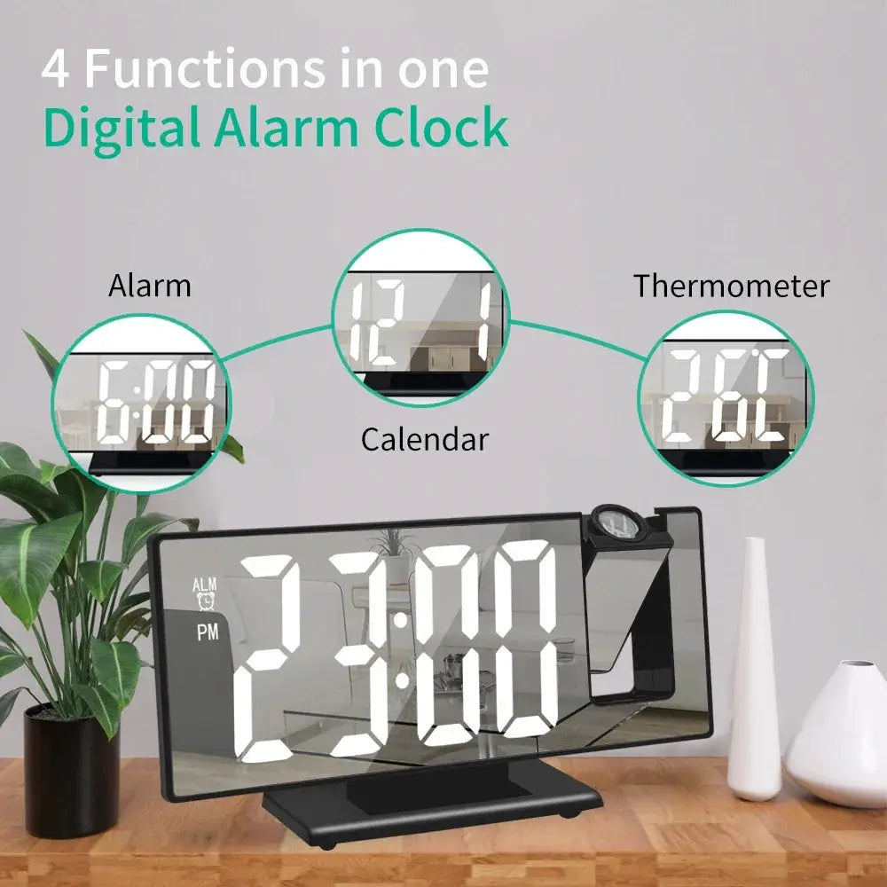 Black USB-powered digital alarm clock with 180° projection, large LED time display and built‑in thermometer and calendar