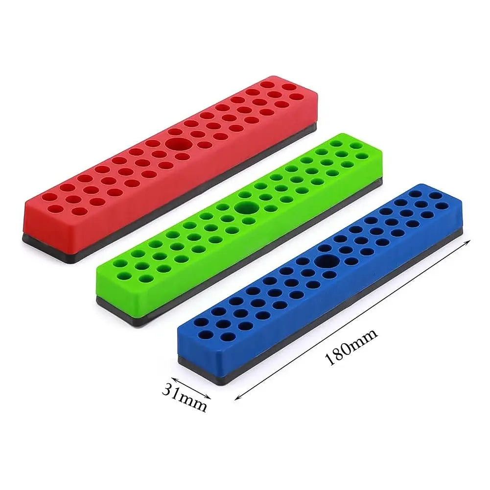 Simples Market 43-hole magnetic hex bit holder organizer set in red, green, blue (180mm) for 1/4-inch bits.