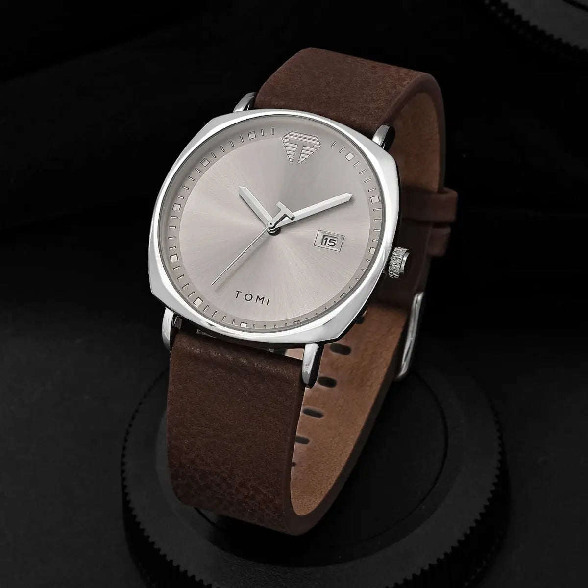 TOMI men's minimalist quartz watch with silver dial, brown leather strap, date window