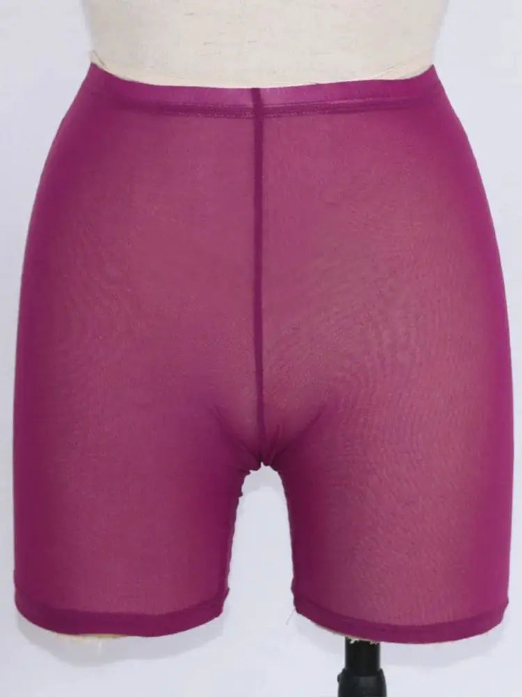 Purple mesh high-waist shorts for women; sheer casual summer shorts