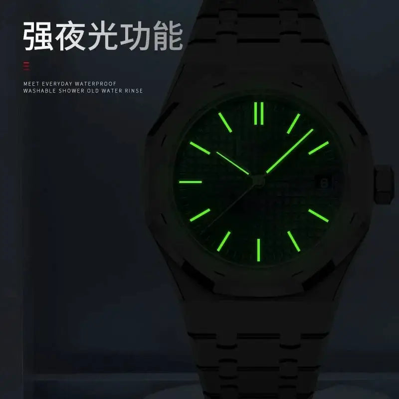 Simples Market Men's watch with black numberless dial, green luminous markers, metal bracelet, date window.