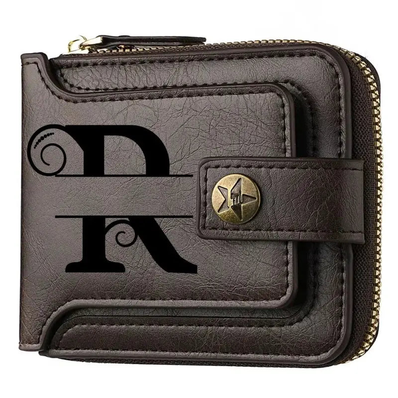 Personalized PU leather bifold chain wallet for men in brown with zip-around closure and brass snap strap.
