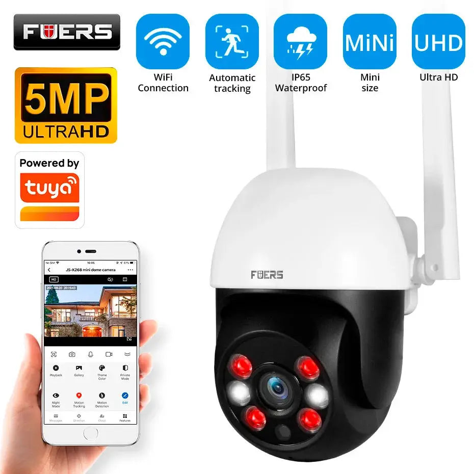 Fuers 8MP 4K outdoor IP camera with WiFi, auto-tracking and AI human detection, Tuya-ready white security camera