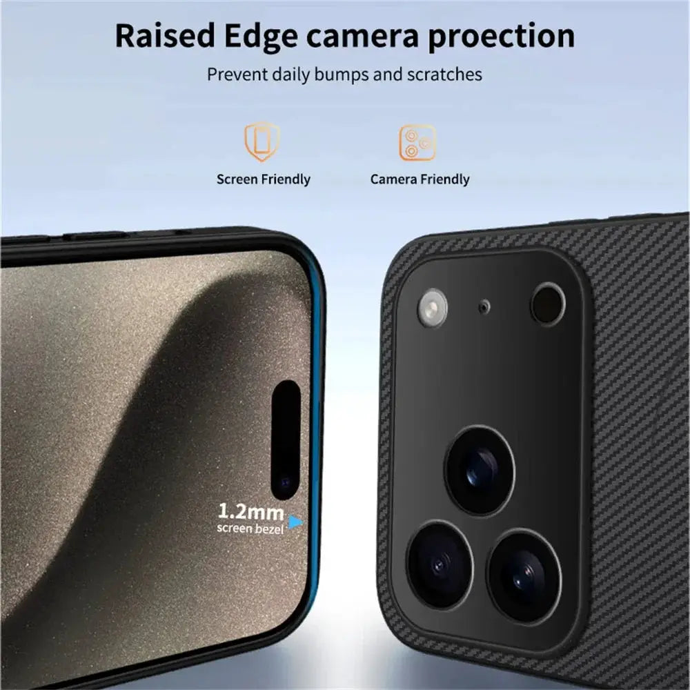 iPhone case by Simples Market with carbon fiber texture, raised edge protection, MagSafe compatibility