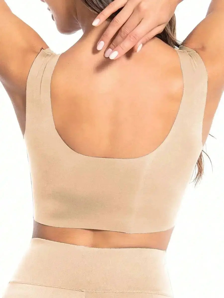 Backless beige seamless wireless bra bralette with wide straps, back view