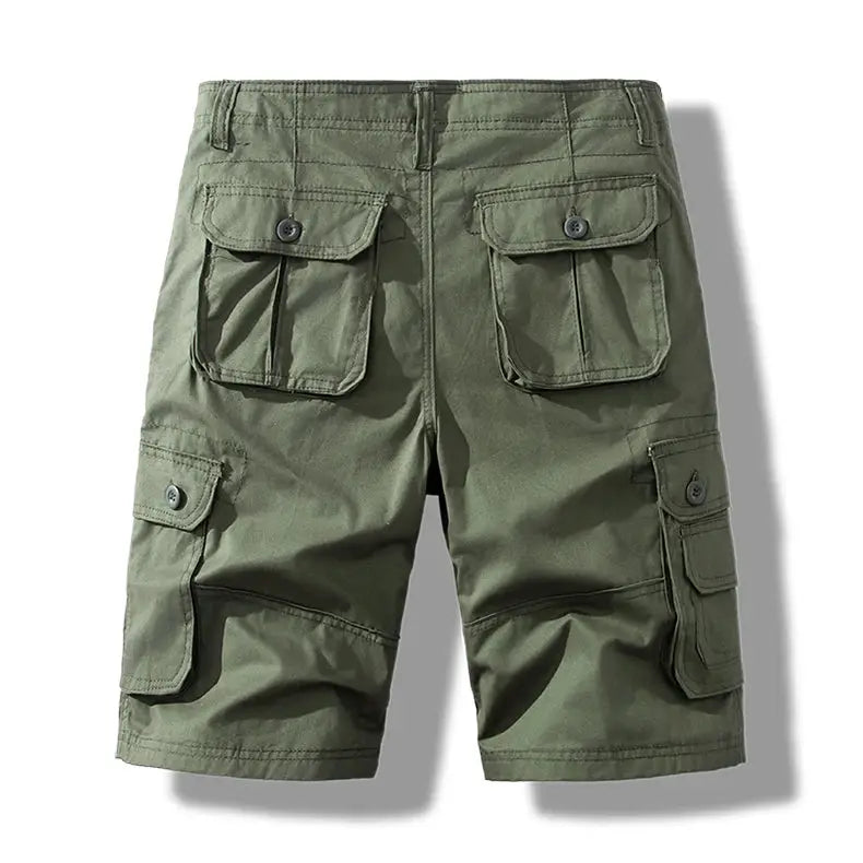 Men's olive green cotton cargo shorts by Simples Market with multiple pockets