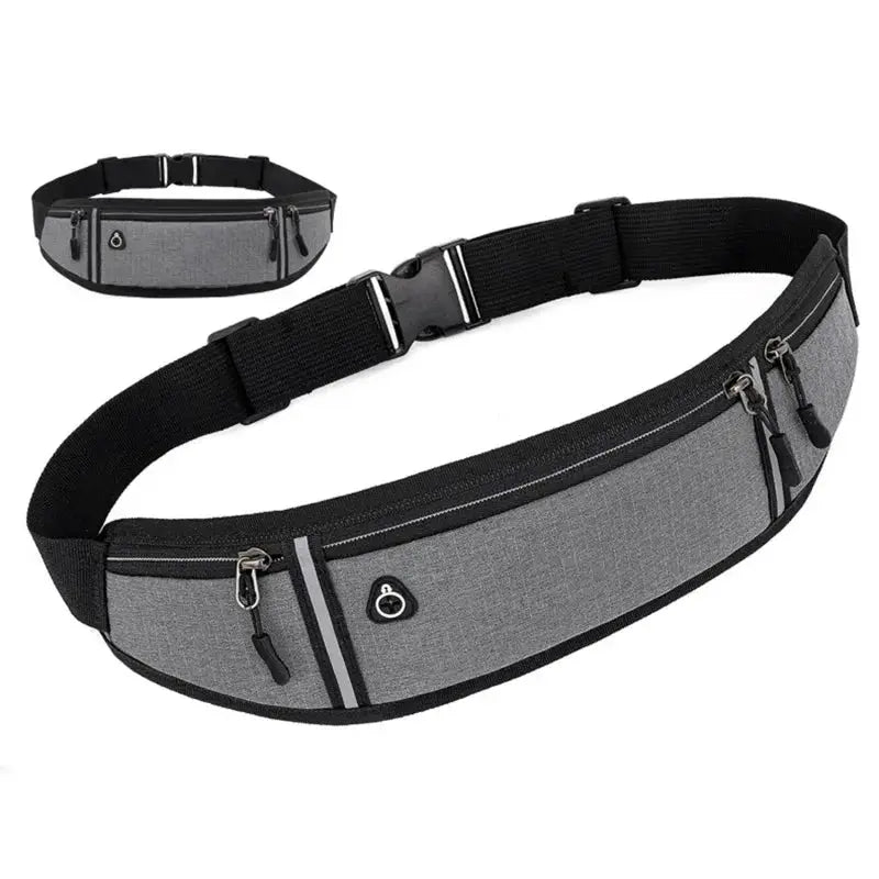 Fanny pack by Simples Market, gray fabric waist bag with black strap and multiple zip pockets