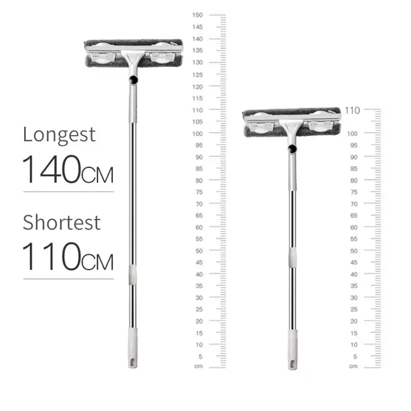Telescopic window cleaning mop set; two units, 110–140 cm range, silver handles with microfiber pads