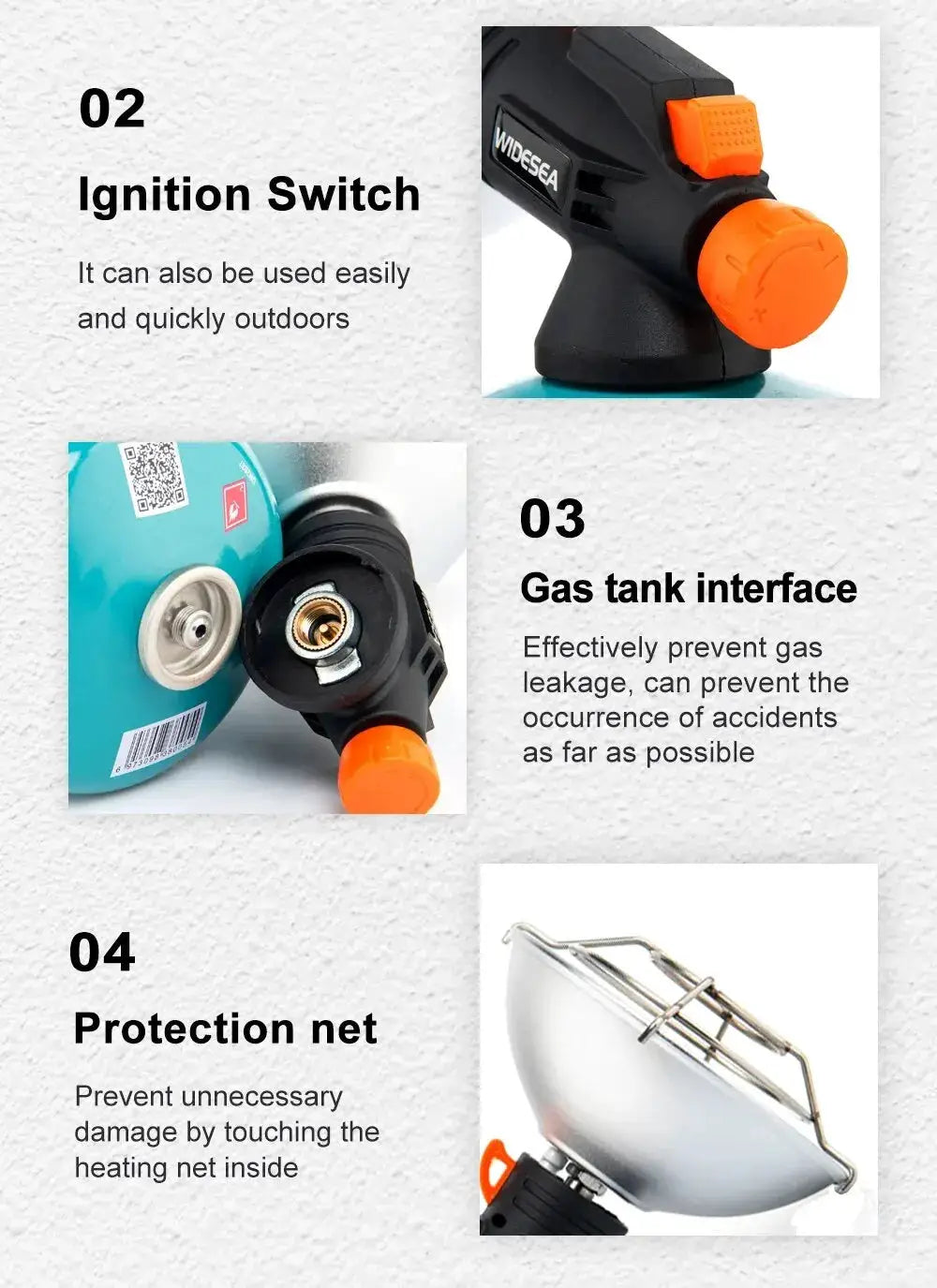 Widesea portable camping heater; black body with orange ignition knob, gas tank interface, protective net