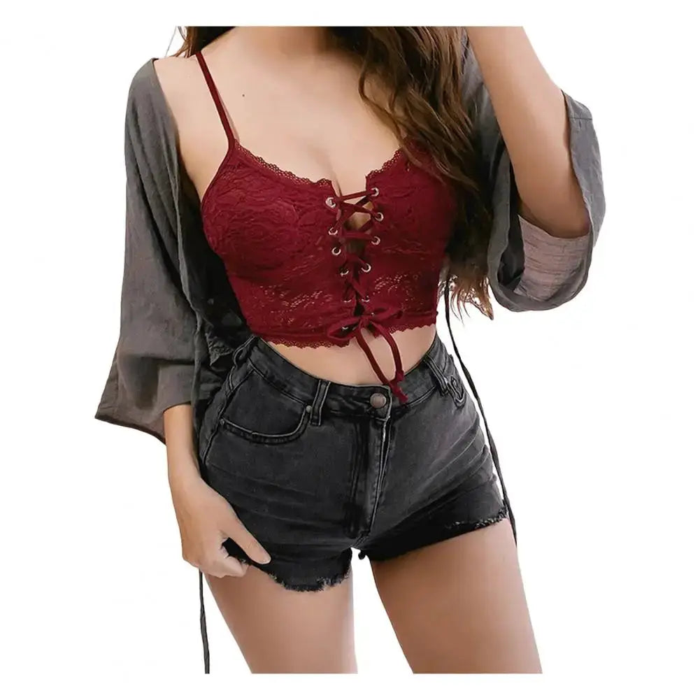 Red lace bralette with front lace-up closure, sheer crochet cups, adjustable straps, Simples Market