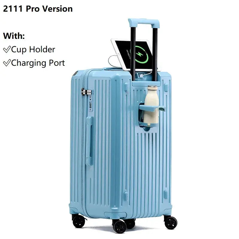 Carry-on suitcase by Simples Market in blue with cup holder and USB charging port, sizes 20/24/26/28, spinner wheels.