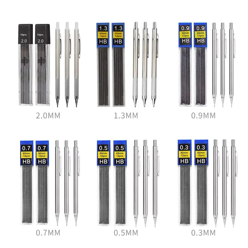 Simples Market mechanical pencil set, full-metal, 6 sizes (0.3-2.0mm) with HB leads