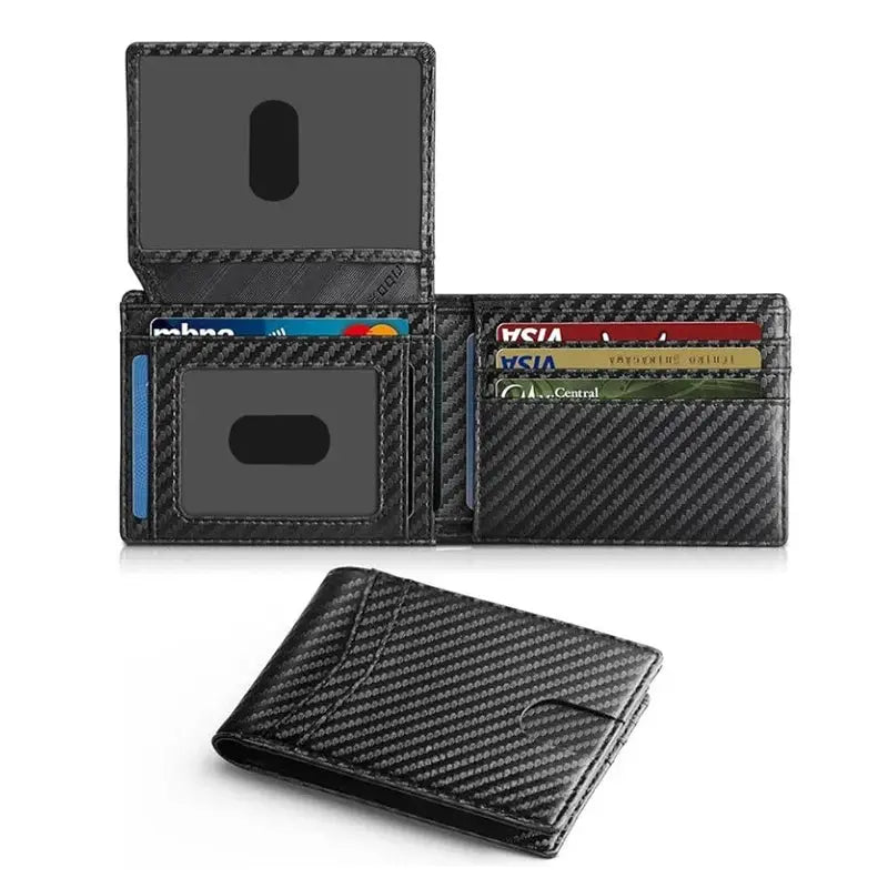Simples Market men's ultra-thin RFID leather wallet with carbon fiber pattern, ID window and multiple card slots.