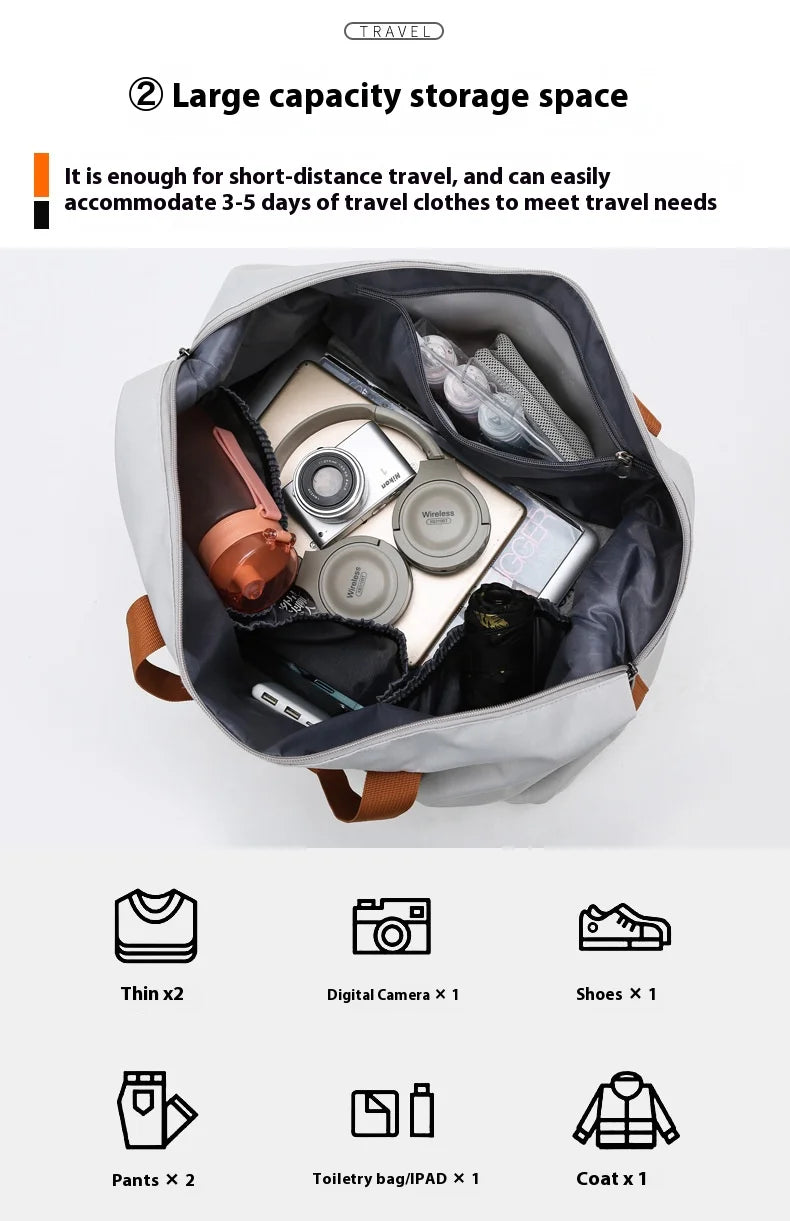 Large-capacity travel gym bag in gray with brown straps, opened to show interior compartments and a digital camera kit