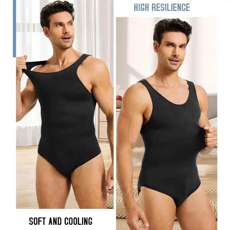 Men's black sleeveless shapewear bodysuit with tummy control; full-body compression, shown from front and side views.