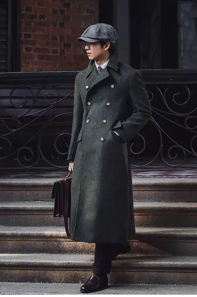 Mauroicardi green wool-blend double-breasted long polo coat for men, autumn-winter England-style overcoat.