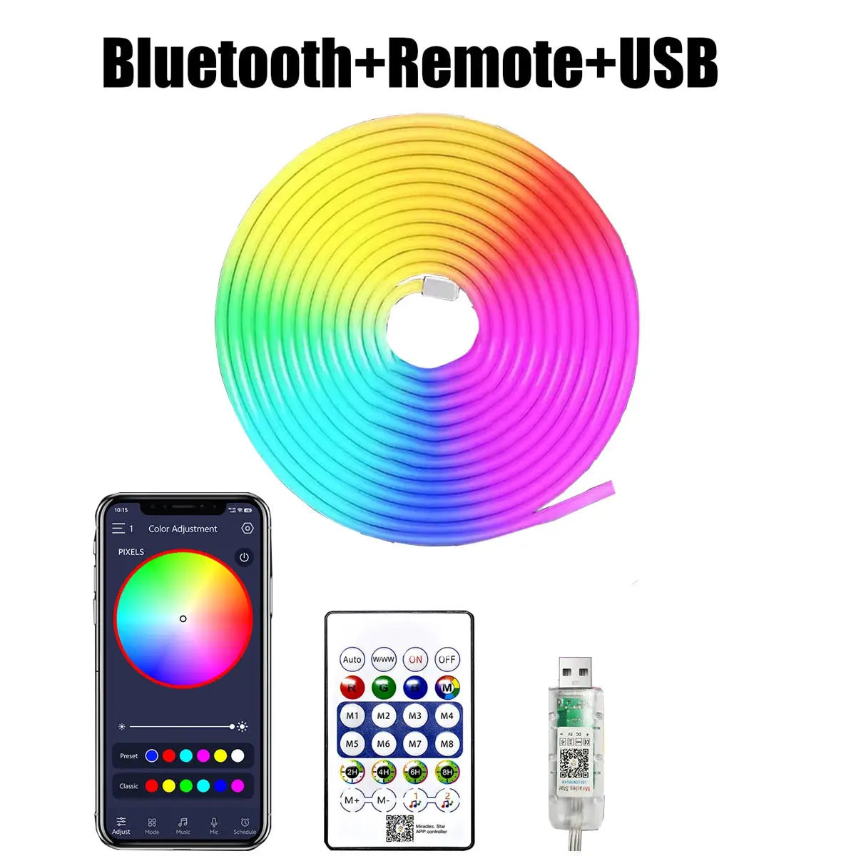 5V RGB IC Neon LED Strip Light USB Waterproof Flexible 1M 2M 3M 5M 10M With Bluetooth Remote Control For Home Decor