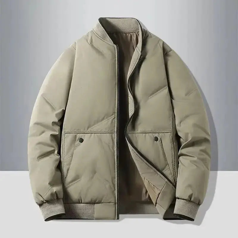 Simples Market men's beige cotton bomber jacket with baseball collar, front zip and pockets.
