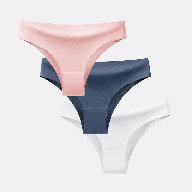 BANNIROU 3Pcs seamless T-back thong panties set by Simples Market in pink, navy, and white ice silk