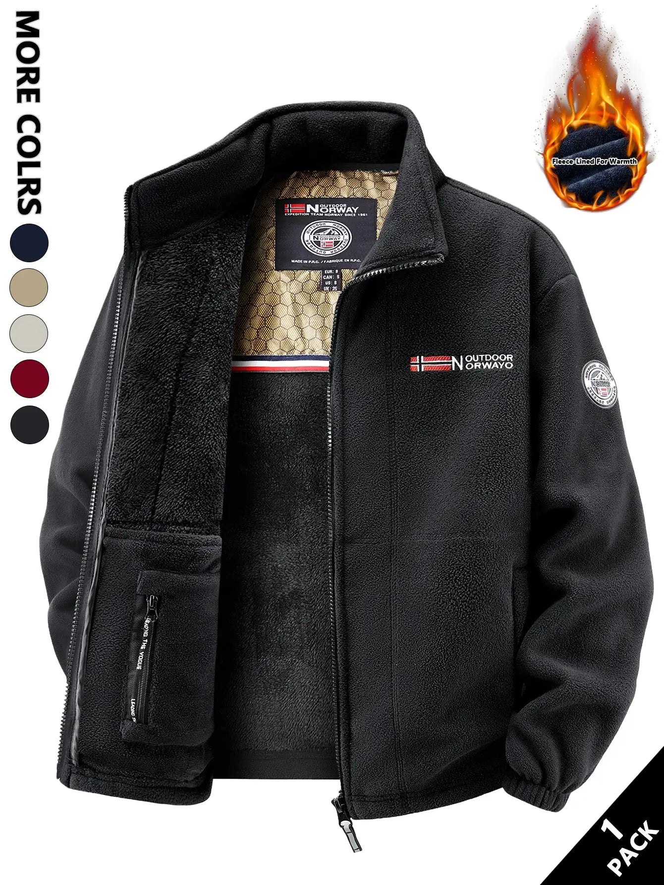 Men's black fleece jacket with zip closure, fleece lining, and patch logo