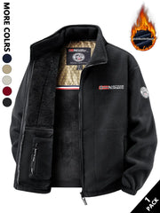 Men's black fleece jacket with zip closure, fleece lining, and patch logo