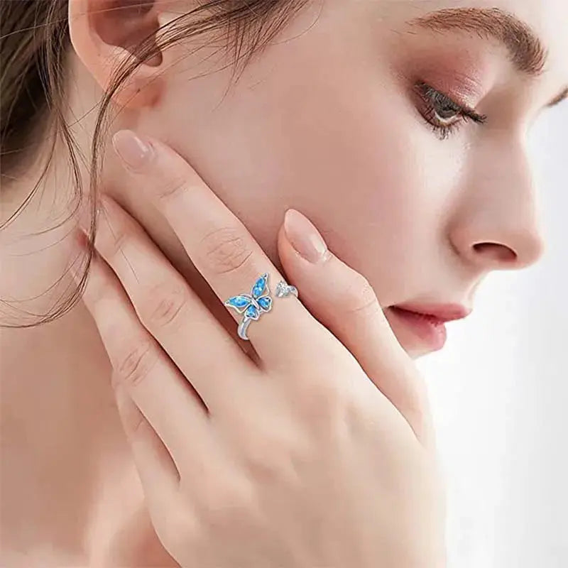 SMJEL Fidget Spinner Ring for Women Crystal Flower Eye Butterfly Animal Motifs Stress Relief Wedding Jewelry