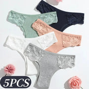 5-pack women's cotton panties with floral lace side panels, low-rise rib briefs in mint green, white, gray, peach, navy by Simples Market