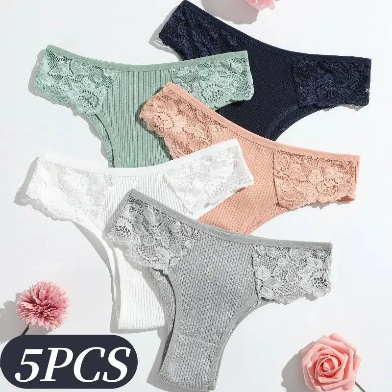 5-pack women's cotton panties with floral lace side panels, low-rise rib briefs in mint green, white, gray, peach, navy by Simples Market