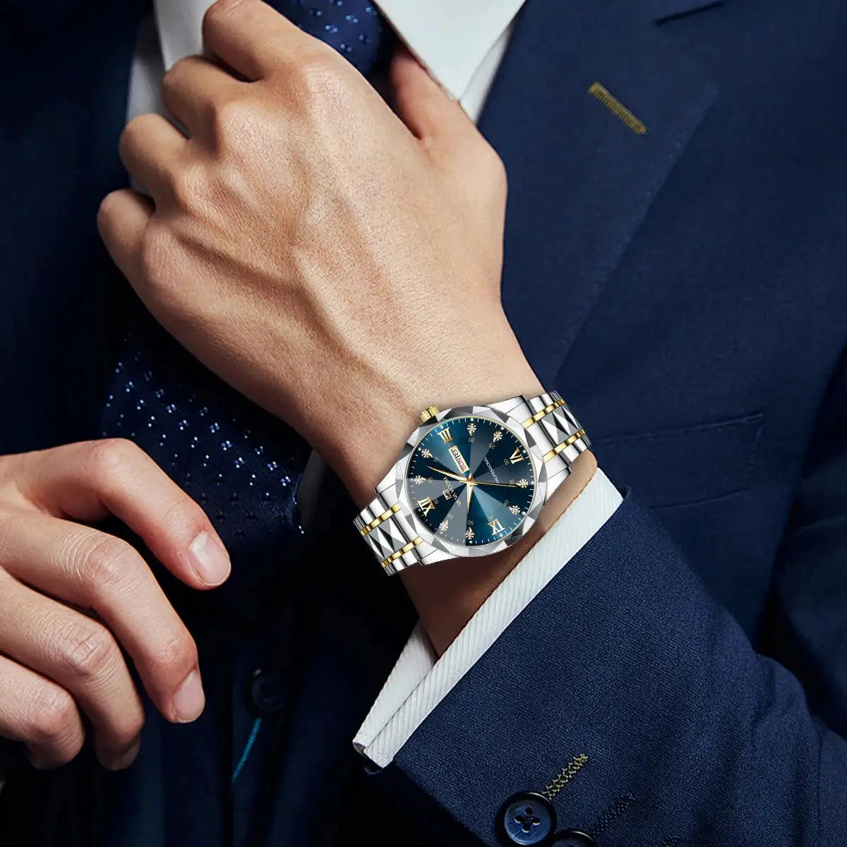 LuxeTime Mens Watch Diamond Luxury Double Calendar Quartz Movement 41mm Blue Gold Stainless Steel Night Glow
