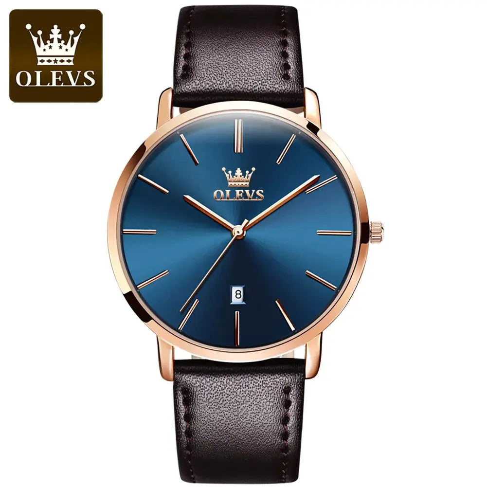 OLEVS men's quartz wristwatch with blue dial and black leather strap