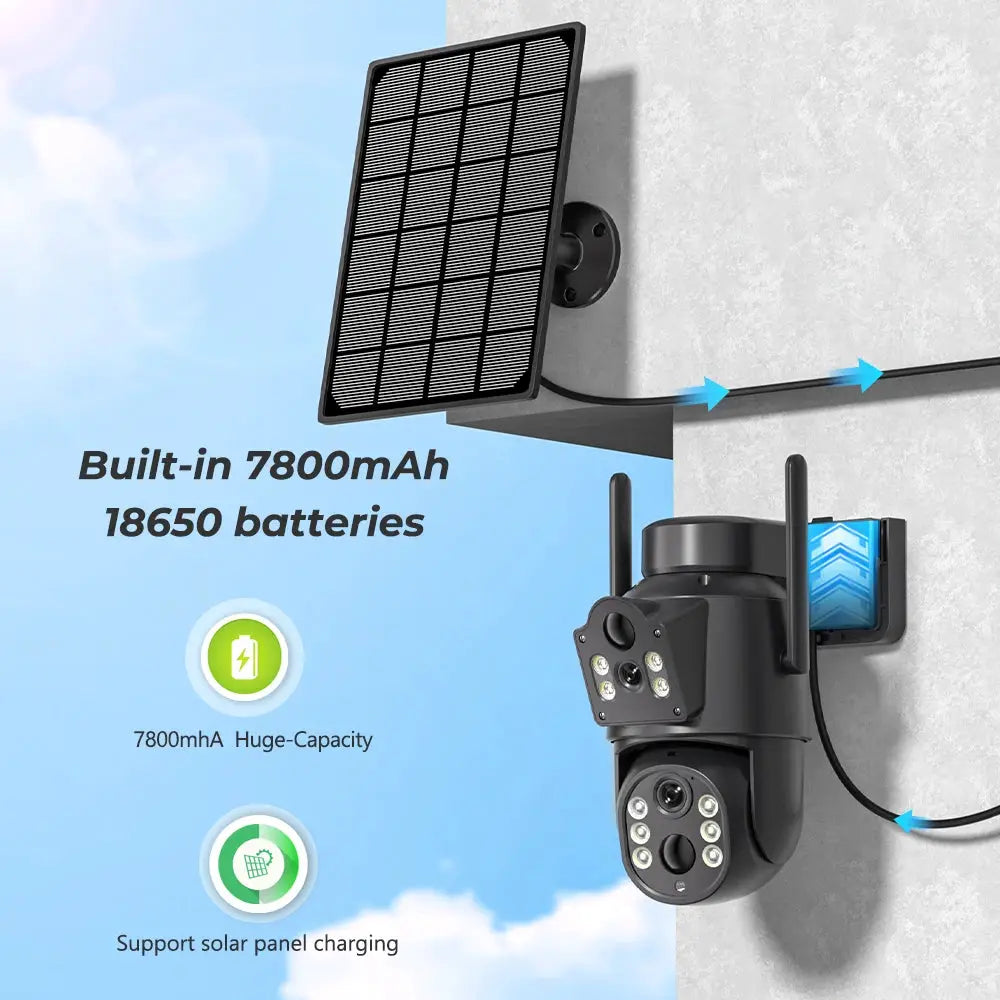 Simples Market outdoor solar security camera with dual lens, built-in 7800mAh 18650 batteries and solar panel charging