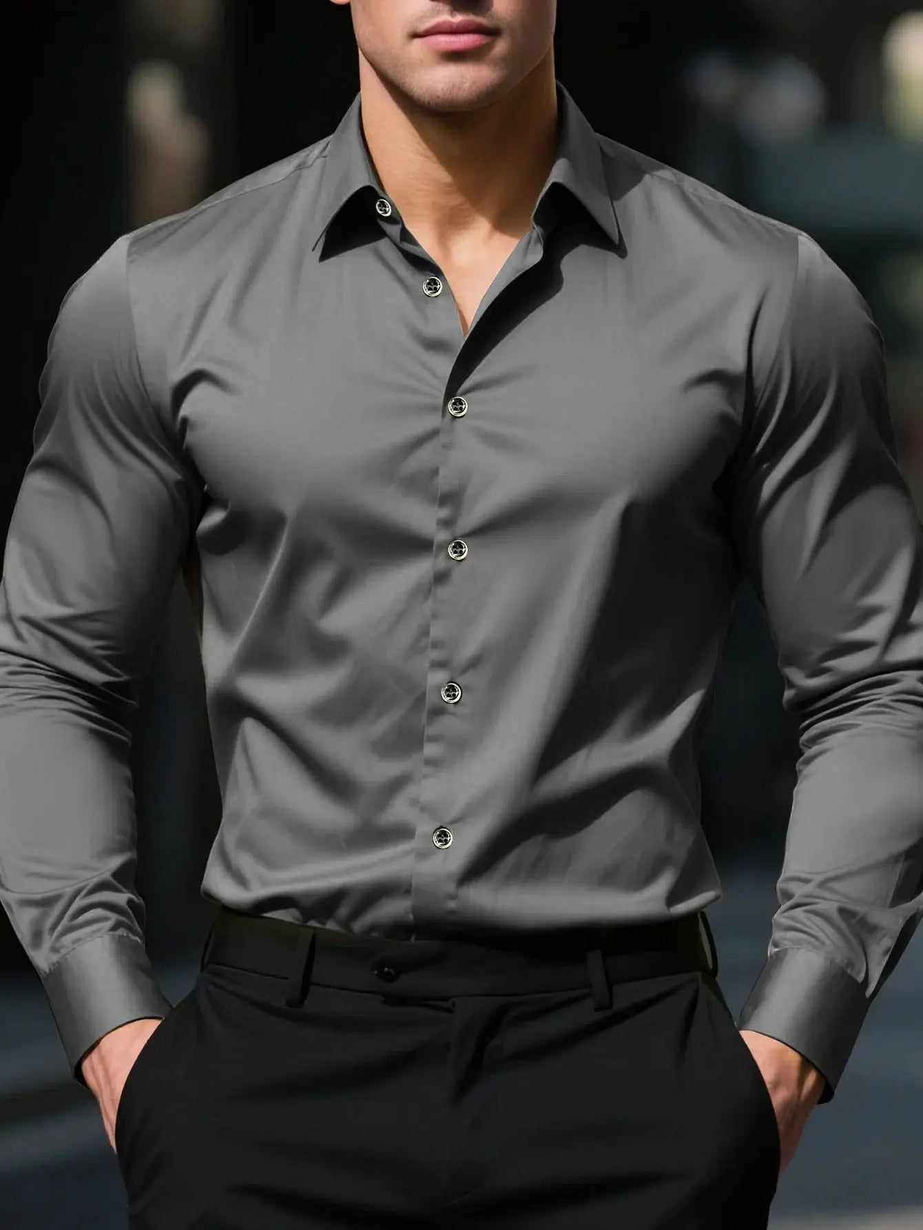 2025 Men's Solid Color Long Sleeve Shirt Elastic Smart Casual Four Season Business Shirt