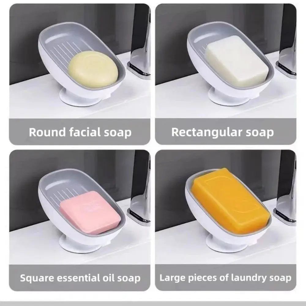 Suction cup soap holder with drain by Simples Market, white/gray, shown with four soaps.