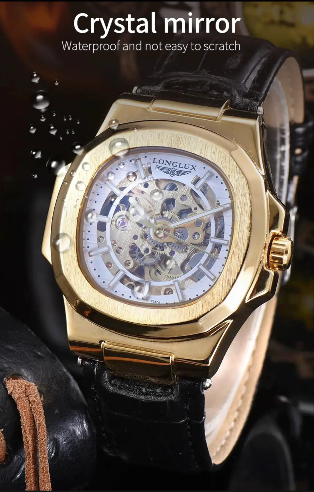 Men's gold-tone skeleton automatic watch with black leather strap and exposed movement, LONG LUX