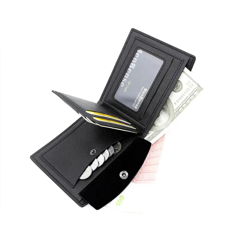 Wallet Simples Market black PU leather short bifold with zipper coin pocket, card slots, and ID window