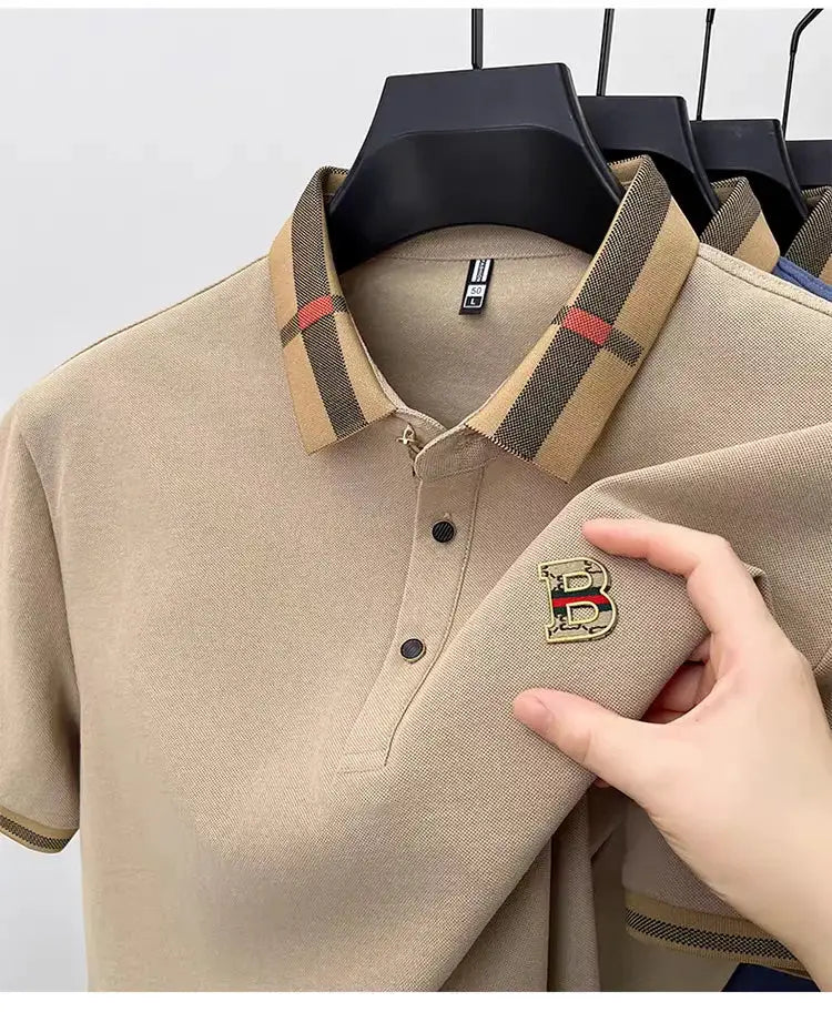 Beige silk-cotton polo shirt for men with plaid collar and gold B logo patch; set of four on hangers, Simples Market.
