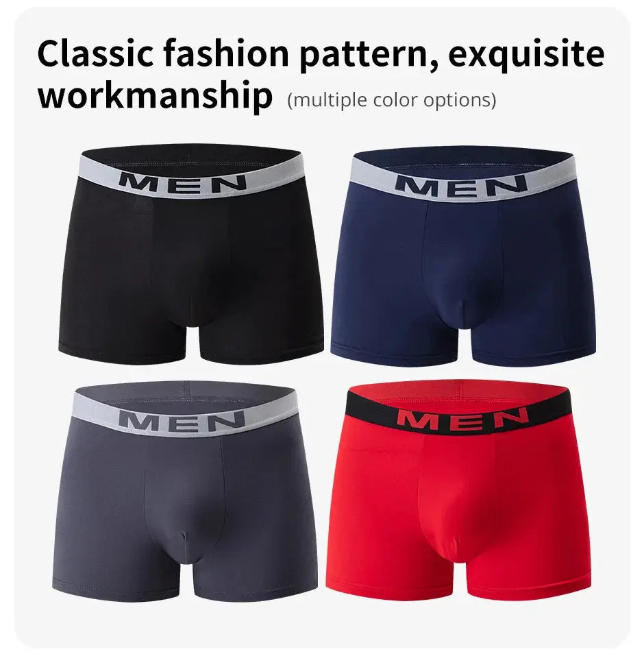 Men's boxer shorts set, 4-piece color assortment with MEN waistband (black, navy, gray, red)