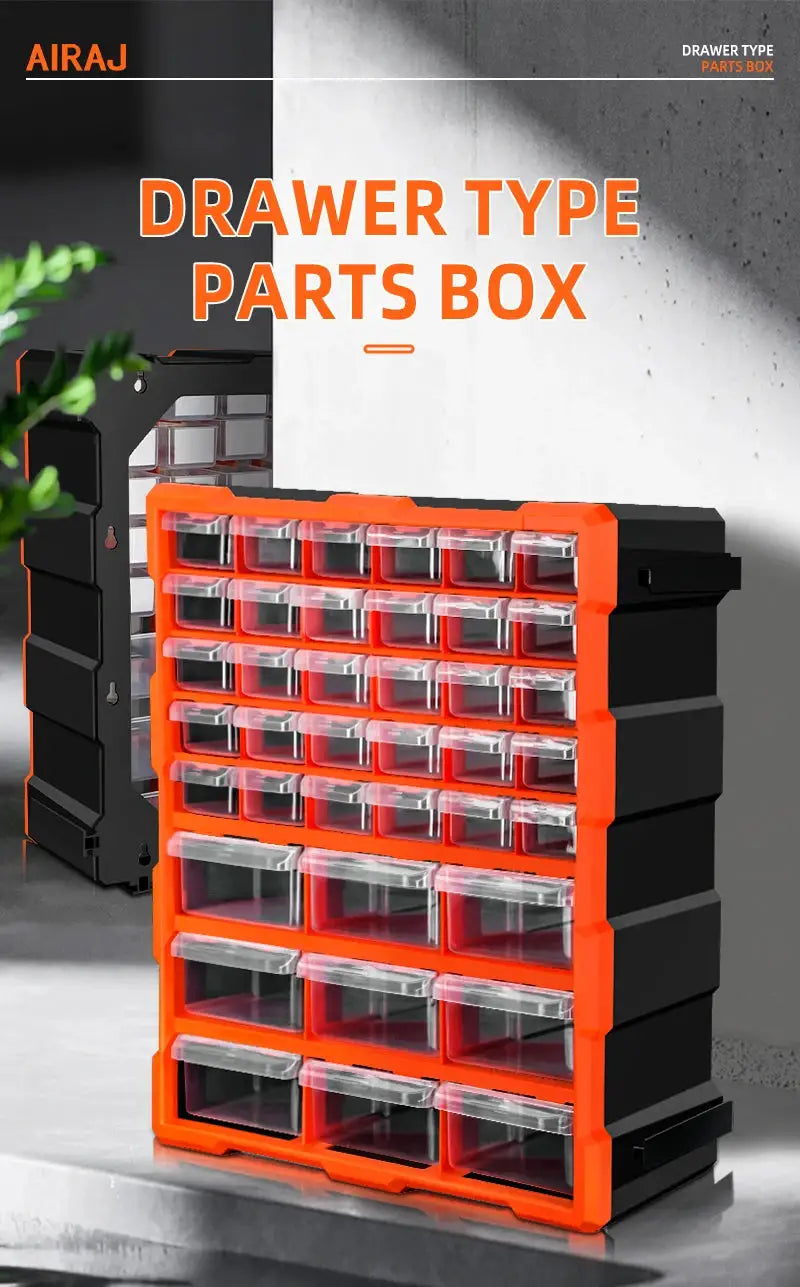 AIRAJ 60-drawer parts boxes, orange-framed with transparent drawers; two units shown.