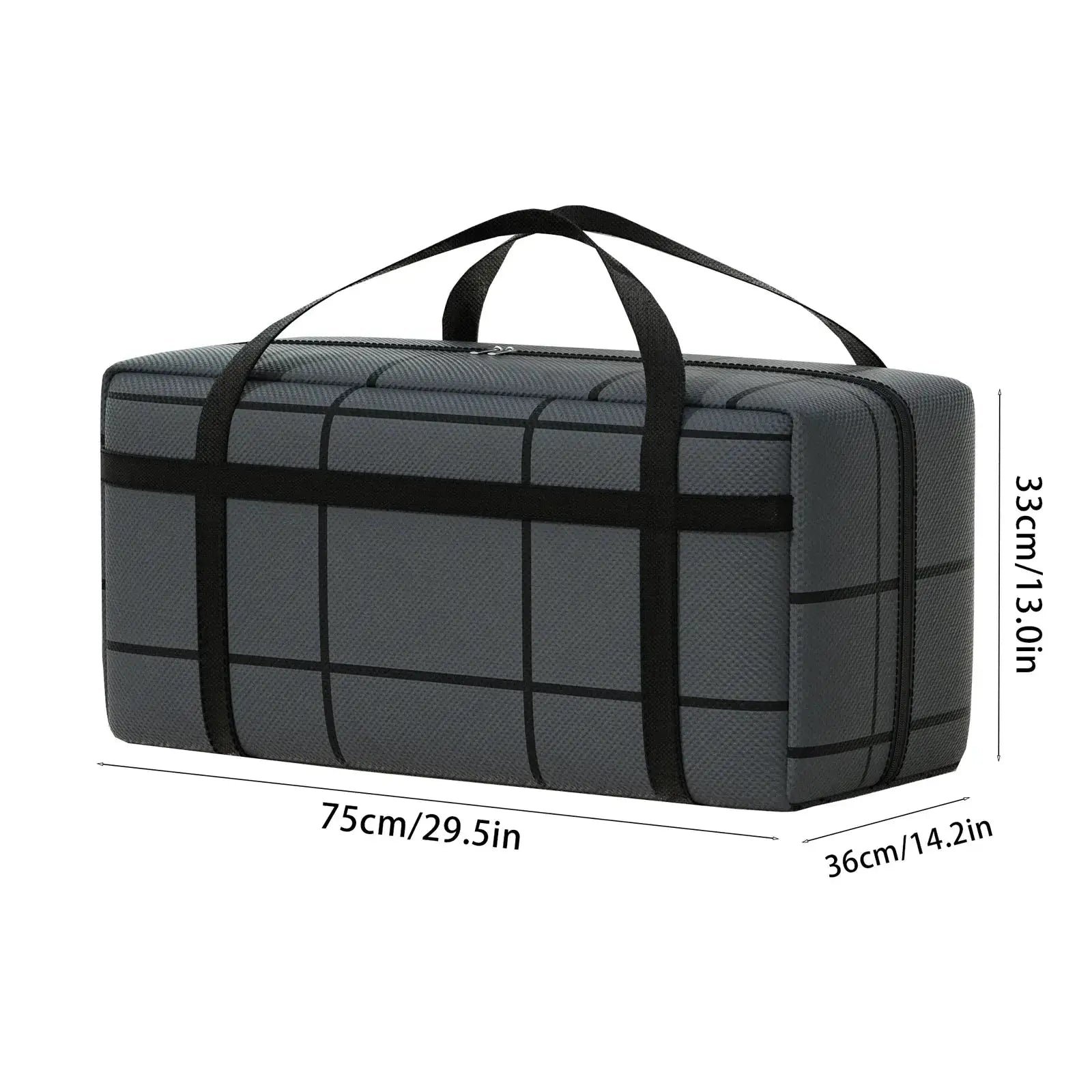 Gray grid-pattern foldable travel storage bag, 75cm long, with black carrying handles