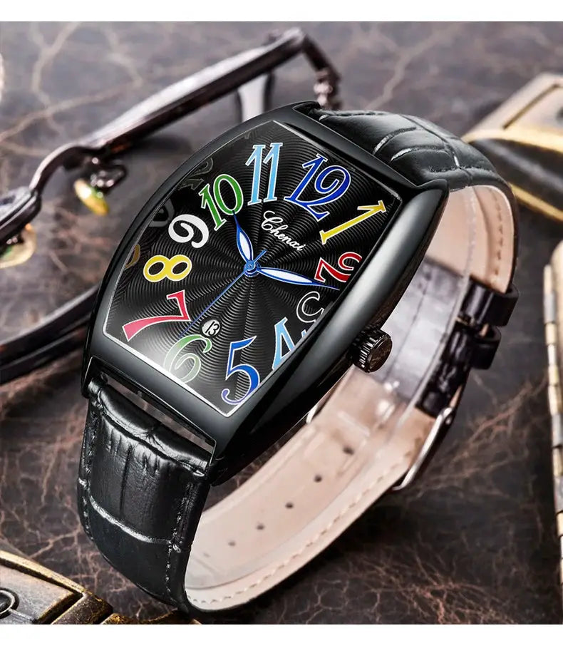 CHENXI men's wristwatch with curved glass, colorful luminous numerals, date display, black leather strap