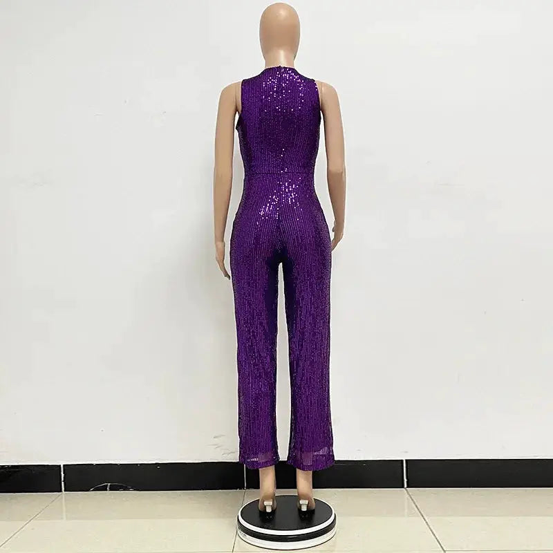 Simples Market purple sequin jumpsuit for women, sleeveless, high-waist, fitted party wear